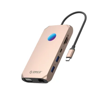 Orico XCR 12in1 USB-C dokstacija, HDMI, VGA, PD 100W, RGB, rozā zelta