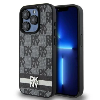 DKNY iPhone 15 Pro vāciņš Leather Checkered Mono Pattern, melns