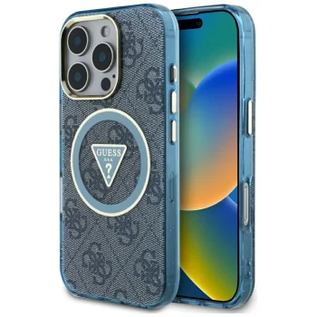 Guess IML Metal Glitter 4G MagSafe vāciņš Apple iPhone 16 Pro - Zils