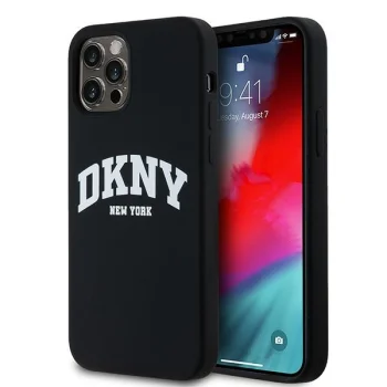 DKNY iPhone 12 / 12 Pro vāciņš Liquid Silicone White Printed Logo MagSafe, melns