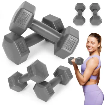 Sešstūra hanteles ModernHome 2×1 kg fitnesam, pelēkas