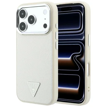Guess Grained Triangle Logo MagSafe vāciņš iPhone 18 Pro / 17 Pro, bēšs