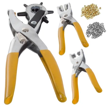Ādas apstrādes rīku komplekts ar caurumotāju, kniedēm un spiedpogām