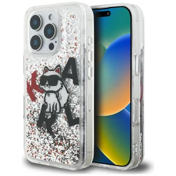 Karl Lagerfeld Liquid Glitter Choupette vāciņš priekš iPhone 16 Pro, caurspīdīgs
