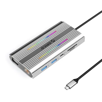 Orico XDR 12-in-1 USB-C dokstacija ar RGB, HDMI 4K, VGA, PD 100W, RJ45 un karšu lasītāju, sudraba