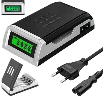 AA un AAA akumulatoru lādētājs ar LCD displeju, sudraba-melns