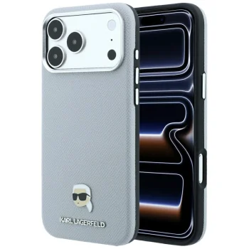 Karl Lagerfeld Grained Karl Head Metal MagSafe vāciņš iPhone 18 Pro / 17 Pro, pelēks