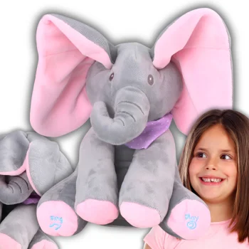 Interaktīva plīša rotaļlieta zilonītis ar kustīgām ausīm, pelēki rozā, 30 cm