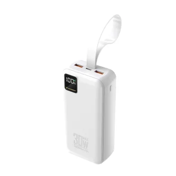 Ārējais akumulators Wozinsky W8-W 30000mAh 30W ar USB-C, 2x USB-A un lukturīti, balts