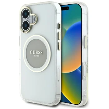 Guess IML Metal Colored Circle Classic Logo MagSafe vāciņš iPhone 16, pelēks