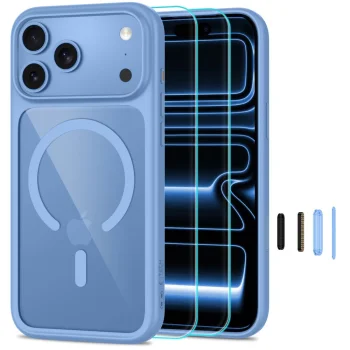 Tech-Protect MagOne CC MagSafe vāciņš un 2 aizsargstikli iPhone 18 Pro / 17 Pro, zils caurspīdīgs