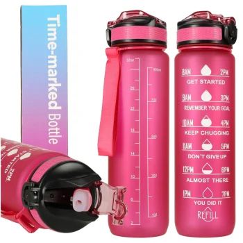 Necaurlaidīga Ūdens Pudele ar Laika Atgādinājuma Marķieri bez BPA, 1L, Rozā | Motivational Water Bottle with Time...