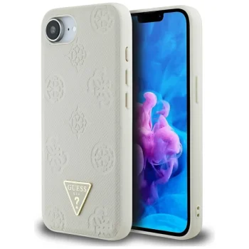 Guess Grained Hot Stamp Peony Triangle Logo MagSafe vāciņš iPhone 16e bēšs
