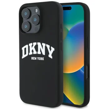 DKNY iPhone 16 Pro Max vāciņš Silicone White Printed Logo MagSafe, melns