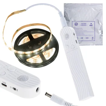 LED lente ar kustības sensoru, 2m, uz baterijām / USB, silti balta