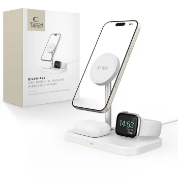 Tech-Protect QI15W-A22 MagSafe bezvadu lādētājs ar 3in1 statīvu, balts