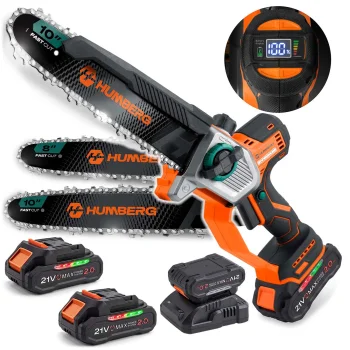 Akumulatora ķēdes zāģis Humberg HM-437, 850 W, 2x 2.0 Ah, sliedes 10" un 8"