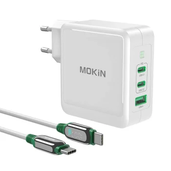 Tīkla lādētājs MOKiN PA0701 PD 140W GaN 2x USB-C 1x USB-A, balts