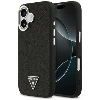 Guess Glitter Triangle Logo MagSafe vāciņš iPhone 17, melns