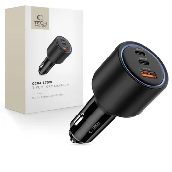 Auto lādētājs Tech-Protect CC04 3-Port PD175W 2x USB-C / USB-A, melns