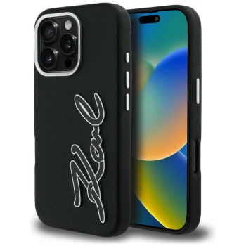 Karl Lagerfeld FW Grained Signature Logo iPhone 16 Pro vāciņš, melns