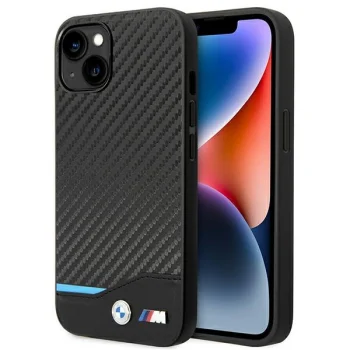 BMW iPhone 14 Plus vāciņš Leather Carbon, melns
