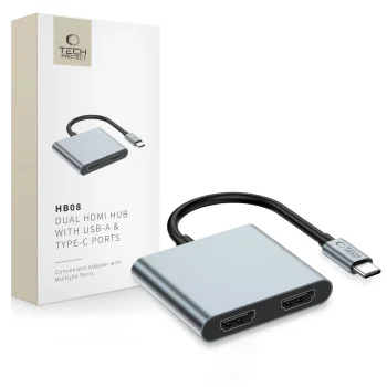 Tech-Protect HB08 4in1 USB-C uz 2x HDMI, USB-A, USB-C PD 100W adapteris, pelēks