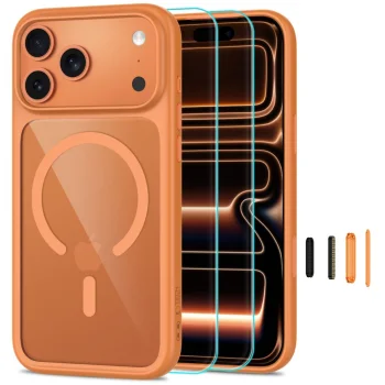 Tech-Protect MagOne CC MagSafe vāciņš un 2 aizsargstikli iPhone 18 Pro / 17 Pro, oranžs/caurspīdīgs