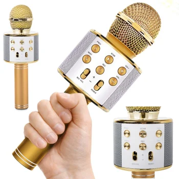 Bezvadu karaoke mikrofons ar Bluetooth skaļruni un balss modulatoru, zelts