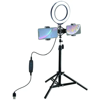 LED gredzena lampa 16 cm ar statīvu līdz 70 cm un dubulto tālruņa turētāju, USB