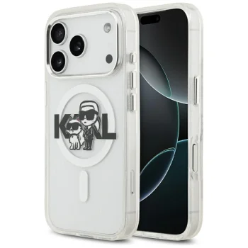 Karl Lagerfeld IML Glitter Karl & Choupette Sketch Logo MagSafe vāciņš iPhone 17 Pro, caurspīdīgs