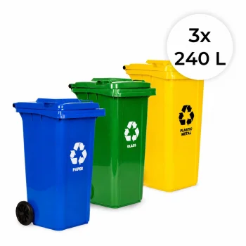 3 Atkritumu Tvertņu Komplekts 3x240 L Zila Zaļa Dzeltena