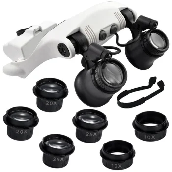 Pulksteņmeistara palielināmās brilles ar 2 LED un lēcām 10x-25x, melna/balta