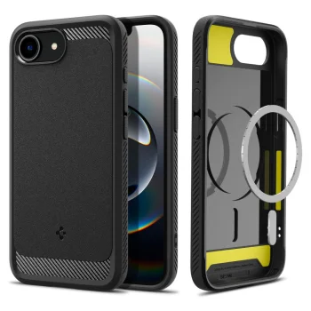 Spigen iPhone 16e vāciņš Rugged Armor Mag MagSafe, melns matēts