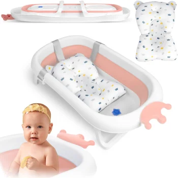 Ricokids RK-280 saliekamā bērnu vanniņa ar spilvenu, balta/rozā