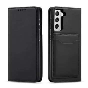 Atverams vāciņš Samsung Galaxy S22+ (S22 Plus) ar karšu nodalījumiem un statīvu, melns