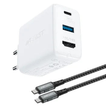 Acefast A17 GaN lādētājs 65W USB-C / USB un HDMI 4K@60Hz adapteris ar kabeli, balts