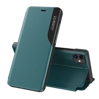Atverams vāciņš iPhone 13 Pro Max Hurtel Eco Leather View Case ar statīvu, zaļš