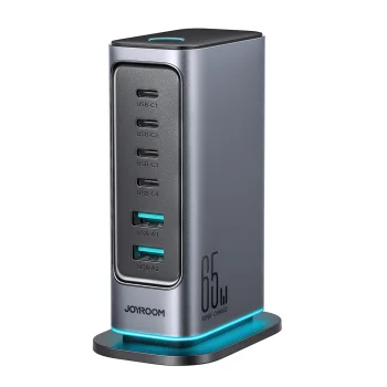 Joyroom JR-TCM02 GaN tīkla lādētājs 65W 4x USB-C 2x USB-A, tumši pelēks