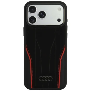 Audi R8 Genuine Leather MagSafe vāciņš priekš iPhone 18 Pro Max / 17 Pro Max, melns/sarkans