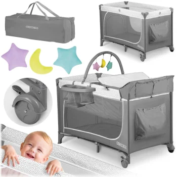 Ricokids RK-241 Ceļojumu gultiņa ar matraci un somu, 125x65x78 cm, pelēka
