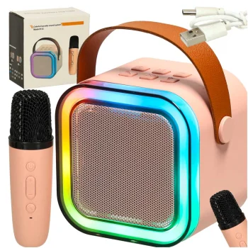 Karaoke komplekts ar portatīvo Bluetooth skaļruni un mikrofonu, USB, LED, rozā