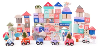 Koka konstruktors Pilsēta ar puzles paklāju 115 daļas ECOTOYS