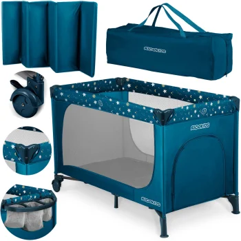 Ricokids saliekamā ceļojumu gultiņa ar matraci un somu, 125 x 65 x 78 cm, Tumši zila