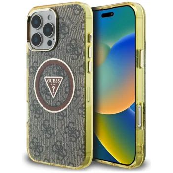 Guess IML Metal Glitter 4G Circle Triangle MagSafe vāciņš iPhone 16 Pro Max, brūns