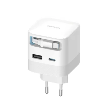 Cuktech AD653W 67W GaN sienas lādētājs ar ievelkamu USB-C kabeli, Balts