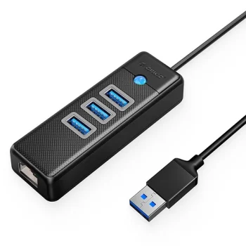 ORICO PW3UR-U3 USB centrmezgls ar 3 USB 3.0 portiem un RJ45, melns