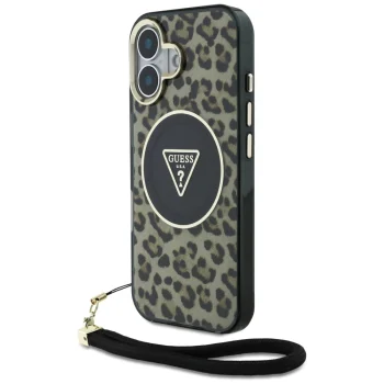 Guess HC IML Leopard Triangle Cord Strap MagSafe vāciņš iPhone 16, Brūns