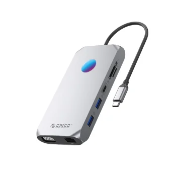 Orico XCR 12-in-1 RGB USB-C dokstacija ar 100W PD, HDMI 4K, VGA un RJ45, pelēka