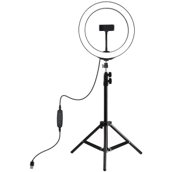 LED riņķa lampa 26 cm ar statīvu līdz 1,1 m un tālruņa turētāju, USB